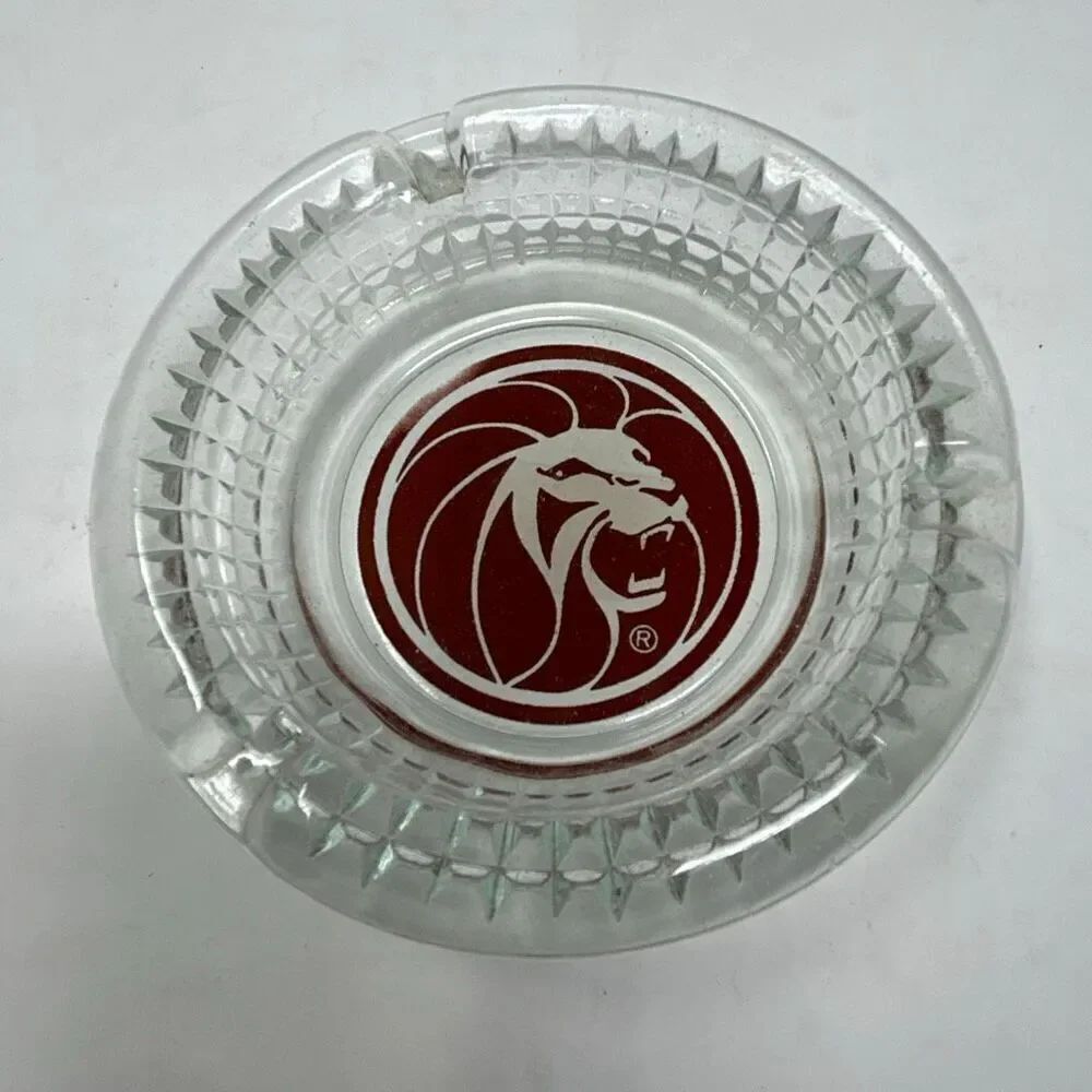 Vtg MGM Grand Hotel and Casino Ashtray Las Vegas Hotel Clear Glass Maroon Lion H